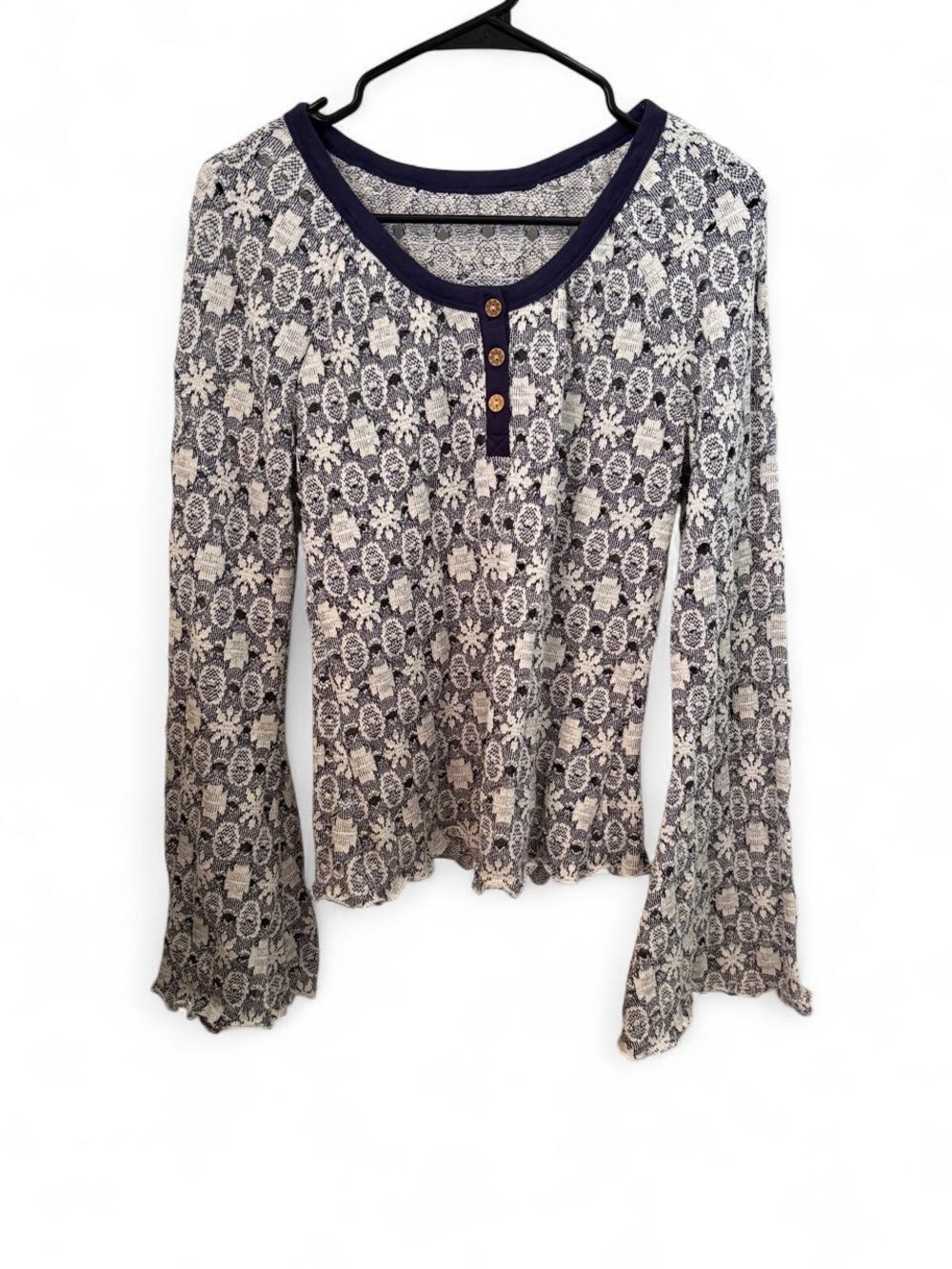 SHEIN Navy & Cream Lace-Pattern Long Sleeve Henley